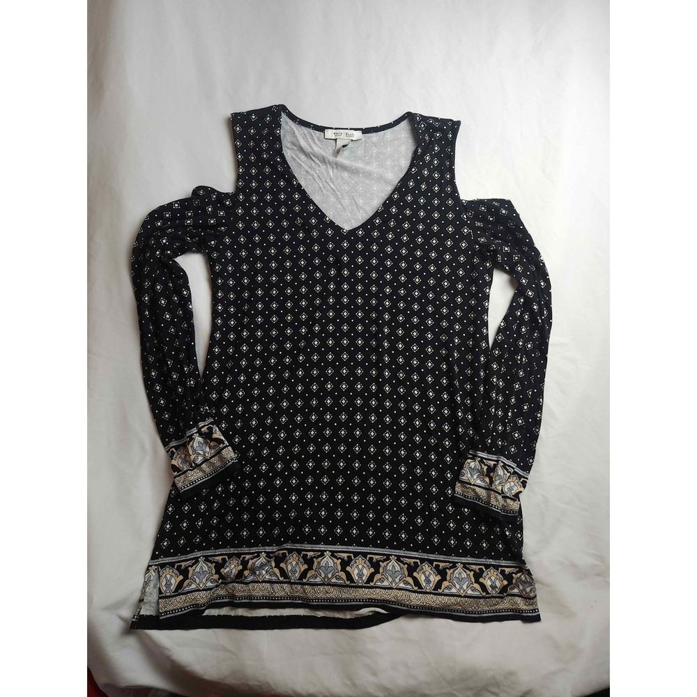 White House Black Market Cold Shoulder Tunic Top Black White Diamond Print Small